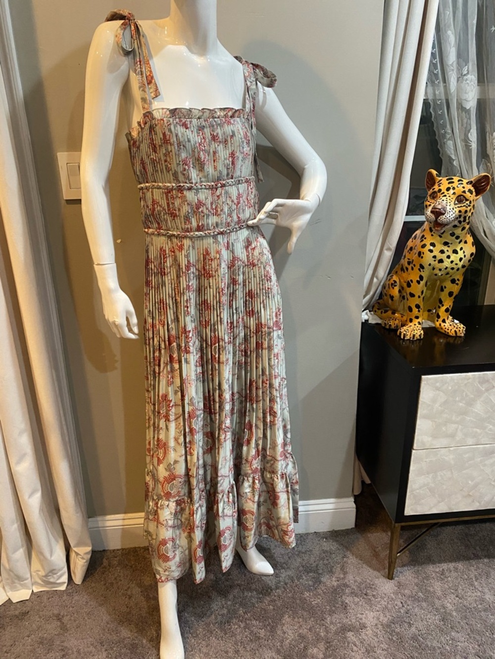 Polo Ralph Lauren Camille Floral Midi Dress, Tie-Shoulder in Sage & Rose EUC 4